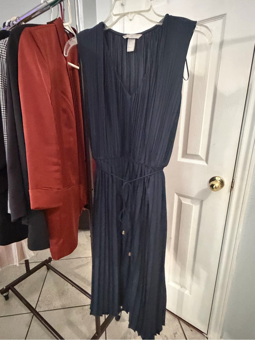 H&M Navy Pleated Midi Dress with Waist Tie